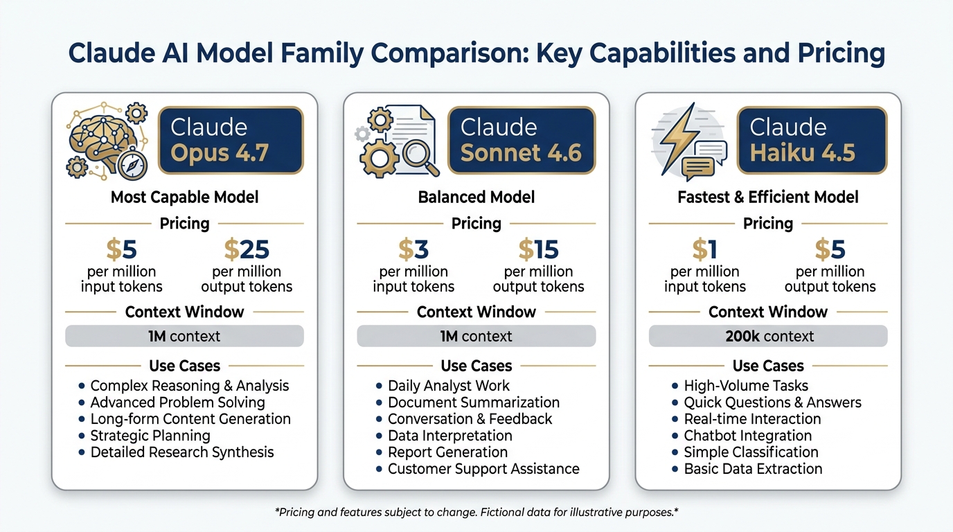 Claude model family — Opus 4.7, Sonnet 4.6, Haiku 4.5 with use cases and pricing
