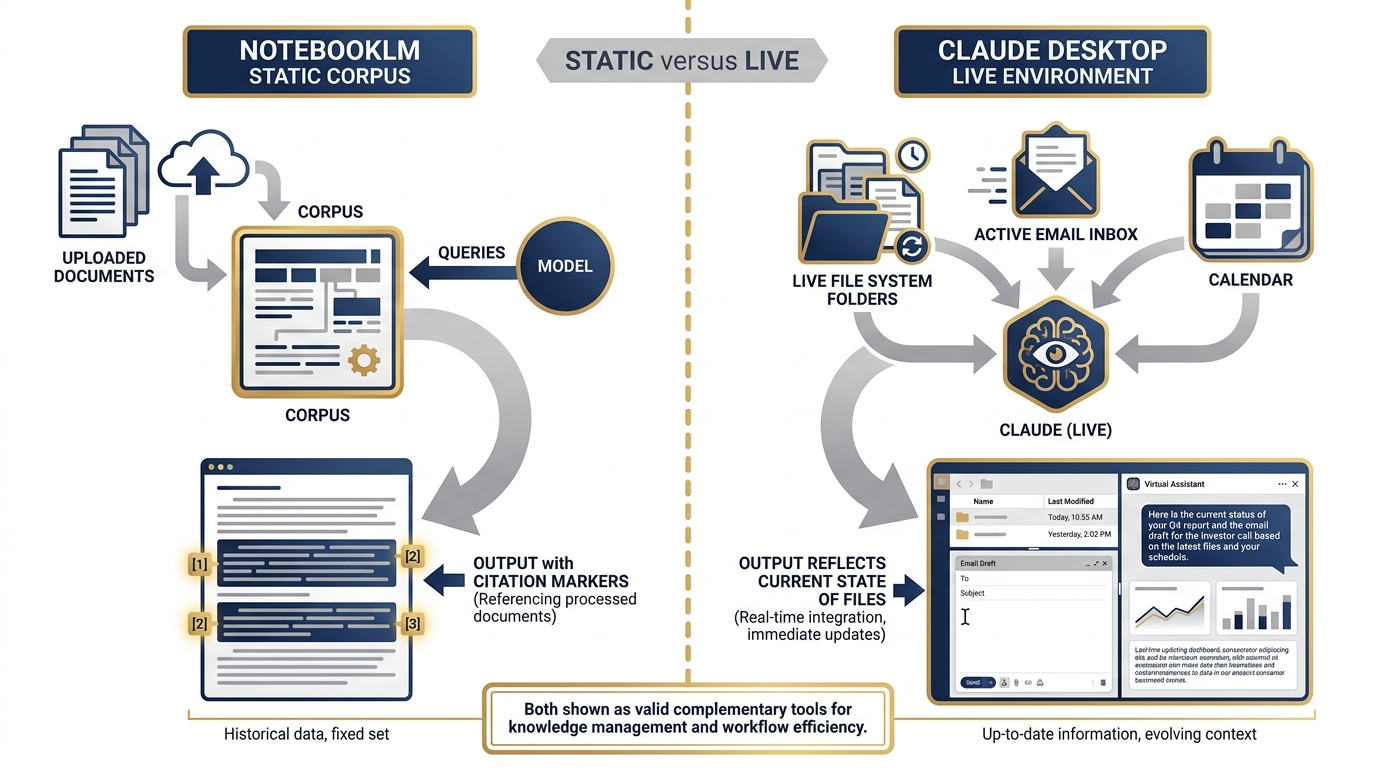 Claude Desktop reading live files vs NotebookLM reading uploaded documents