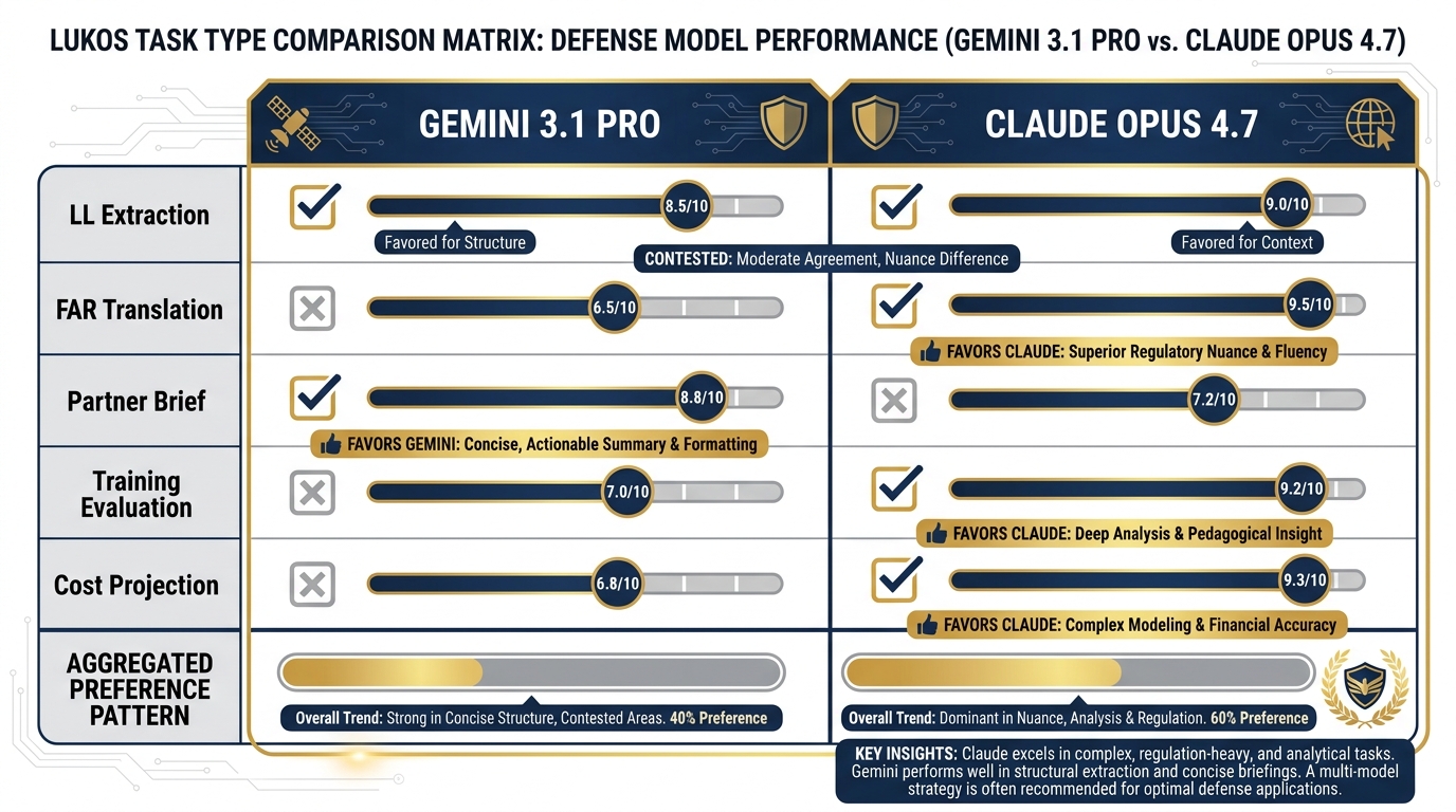 Five Lukos prompts compared across Gemini 3.1 Pro and Claude Opus 4.7
