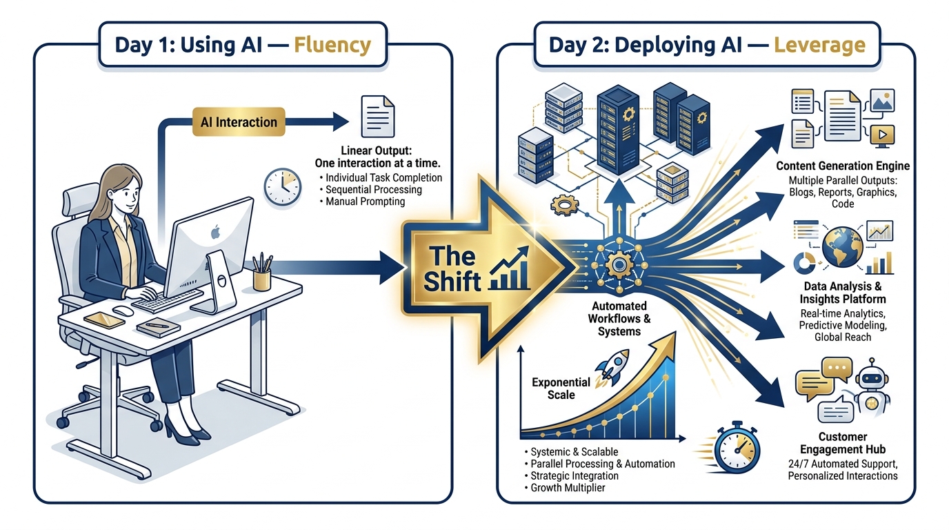 Day 1 vs Day 2 contrast — using AI (fluency) on the left, deploying AI (leverage) on the right